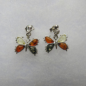 Boucles d'oreilles Papillon multicolore  - bijou ambre et argent